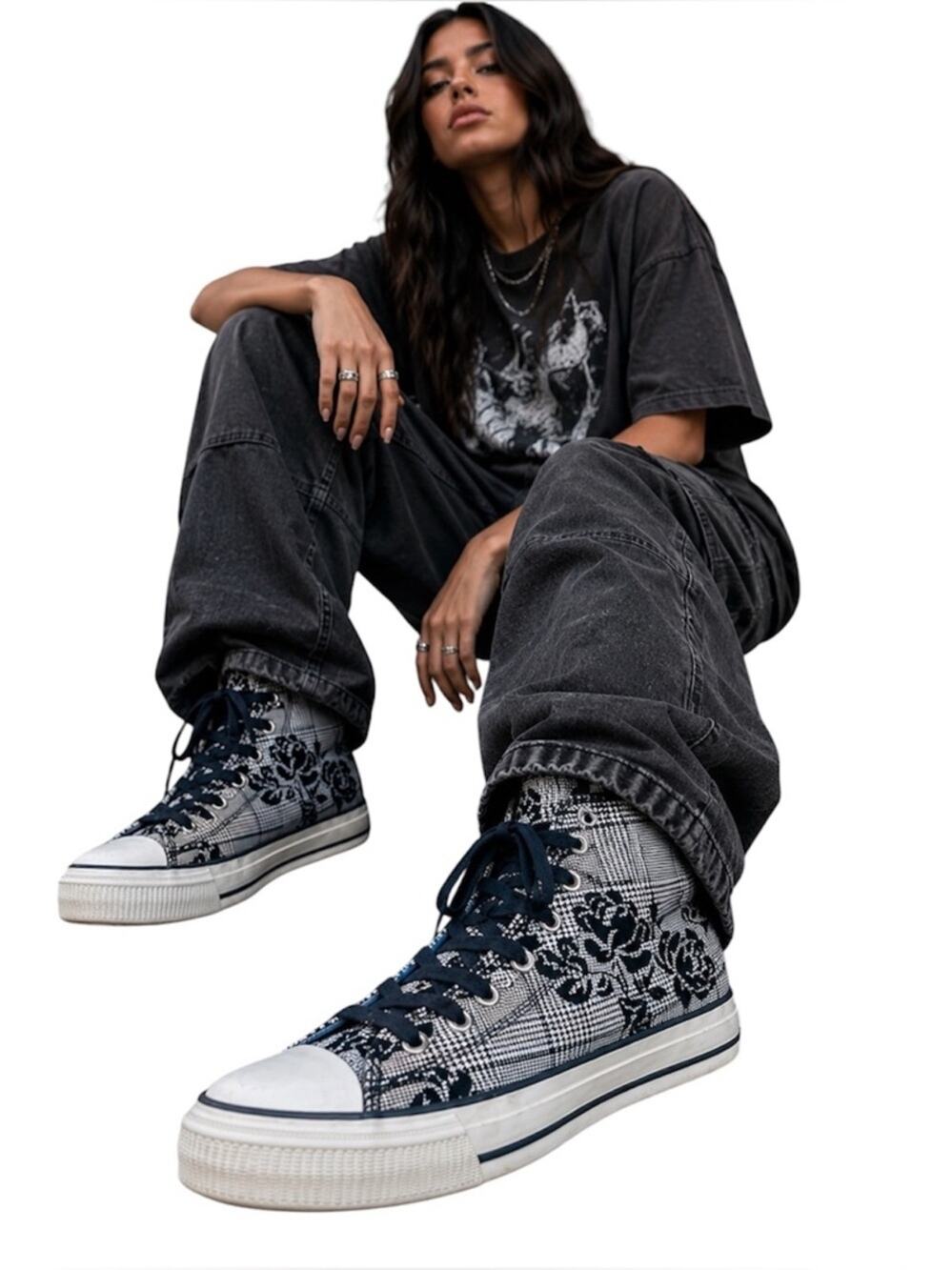 AIRWALK High Top Sneakers with Plaid Tartan & Black Floral patterns, Women’s 7